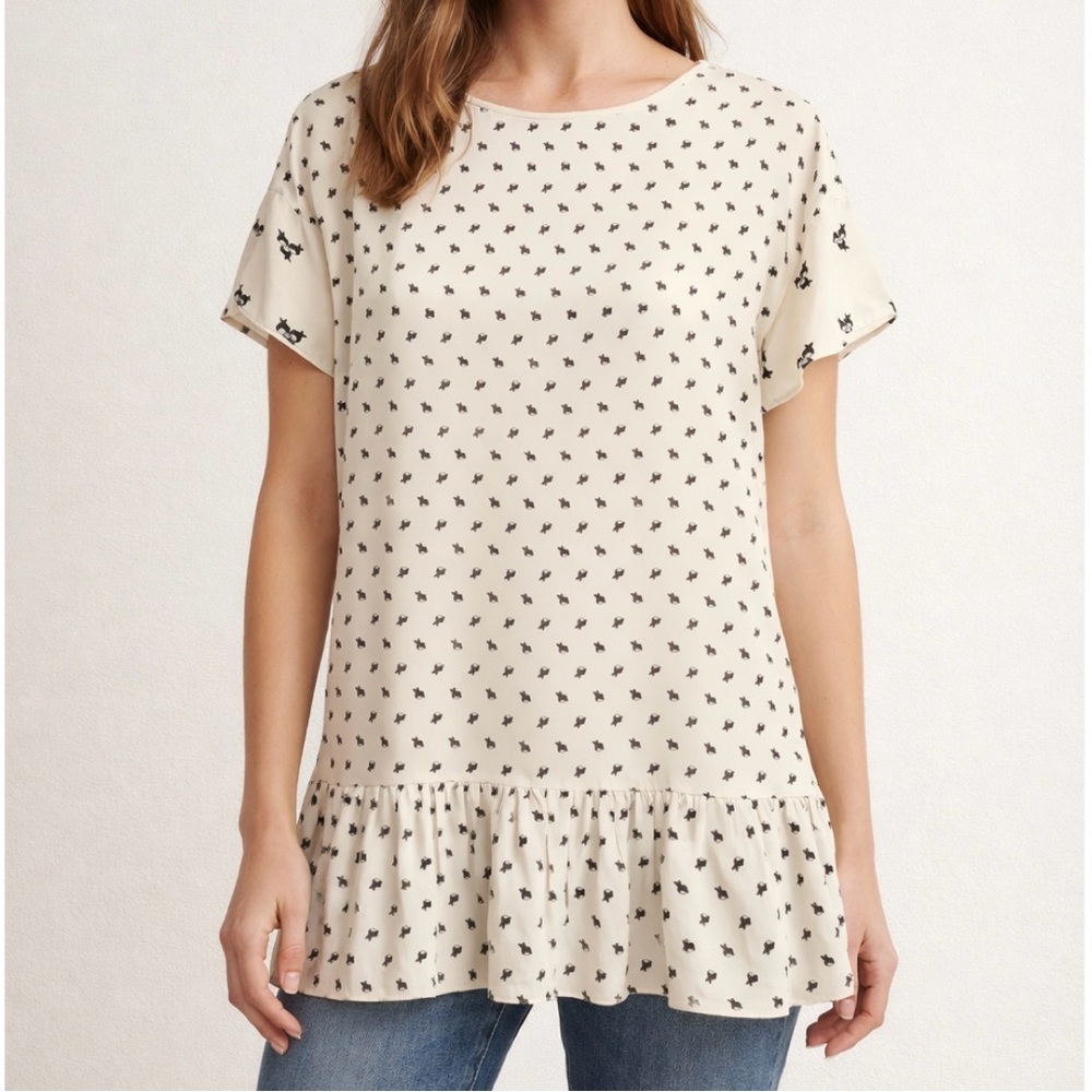 Tibi Silk Ruffle Hem Cream Mini Bird Patterned Blouse Preppy Designer Women’s 6
